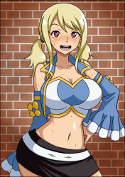 Rule 34 | artist request, blonde hair, blush, fairy tail, heart, heart-shaped pupils, highres, lucy heartfilia, open mouth, skirt, symbol-shaped pupils