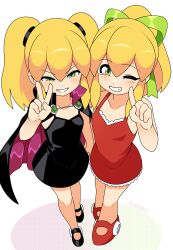 2girls absurdres bare_shoulders black_cape black_dress blonde_hair cape dress full_body green_eyes high_ponytail highres long_hair mega_man_(classic) mega_man_(series) multiple_girls nico-neko ponytail red_dress roll_(mega_man) simple_background twintails v white_background