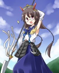 Rule 34 | &gt;:d, 1girl, :d, anchor, arm up, armor, armored dress, armpits, black hair, blue bow, blue bowtie, blue dress, blue sky, bow, bowtie, cloud, day, detached sleeves, dress, glasses, holding, holding weapon, kousei (public planet), lance, long hair, long sleeves, looking at viewer, open mouth, oshiro project:re, outdoors, polearm, red eyes, rimless eyewear, sky, smile, solo, sparkle, spear, v-shaped eyebrows, wakimoto (oshiro project), wakimotoshiro (oshiro collection), wakimotoshiro (oshiro project), weapon