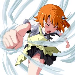 Rule 34 | 1girl, anime coloring, blush, clenched hand, closed eyes, hair ornament, hairpin, inami mahiru, m (milk0824), motion blur, motion lines, open mouth, orange hair, pleated skirt, short hair, skirt, solo, uniform, waitress, white background, working!!