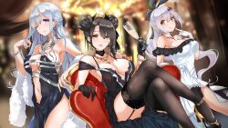 Rule 34 | 3girls, agent (girls&#039; frontline), ak-12 (girls&#039; frontline), ak-12 (quiet azure) (girls&#039; frontline), black dress, black gloves, black hair, black socks, blue dress, bracelet, breasts, couch, crossed legs, cup, dress, earrings, fatkewell, five-seven (girls&#039; frontline), girls&#039; frontline, gloves, grey hair, hair ribbon, high heels, highres, holding, holding cup, jewelry, lights, long hair, multicolored nails, multiple girls, nail polish, navel, necklace, no bra, on couch, one eye closed, open clothes, open dress, plunging neckline, purple eyes, ribbon, ring, sitting, smile, smiley face, socks, standing, thighs, white dress, white gloves, yellow eyes