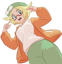 Rule 34 | 1girl, :o, bianca (pokemon), blonde hair, bow, commentary, creatures (company), english commentary, flipped hair, from below, game freak, green eyes, green hat, green pants, hat, hat bow, highres, jacket, long sleeves, looking at viewer, nintendo, orange jacket, pants, pokemon, pokemon bw, red-framed eyewear, rodgewp, shirt, short hair, solo, transparent background, white bow, white shirt