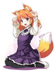 Rule 34 | 1girl, :d, aged down, animal ears, arms up, black pantyhose, brown hair, character name, dress, fang, fatkewell, fox ears, fox tail, full body, kneeling, long sleeves, looking at viewer, neck ribbon, open mouth, original, pantyhose, paw pose, purple dress, purple eyes, ribbon, rika eastre, shoes, short hair, sitting, smile, solo, tail, unmoving pattern, white background, white footwear
