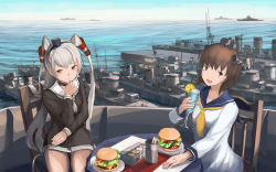 Rule 34 | 10s, 2girls, amatsukaze (kancolle), battleship, blurry, brown eyes, brown hair, collarbone, cruiser, cup, day, depth of field, destroyer, dock, doraxi, dress, drink, drinking glass, food, burger, hand on own chin, harbor, holding, horizon, kantai collection, long hair, looking at viewer, military, military vehicle, multiple girls, ocean, open mouth, outdoors, sailor dress, scenery, ship, short hair, silhouette, silver hair, sitting, sketch, sky, smile, sushi, table, warship, water, watercraft, yukikaze (kancolle)