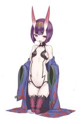 Rule 34 | 1girl, bob cut, breasts, collarbone, eyebrows, fang, fate/grand order, fate (series), goekawa, hair ornament, hikimayu, horns, japanese clothes, kneeling, looking at viewer, navel, off shoulder, open mouth, purple eyes, purple hair, shuten douji (fate), shuten douji (first ascension) (fate), simple background, skin-covered horns, small breasts, solo, thighhighs, white background, wide sleeves