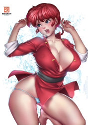Rule 34 | 1girl, blue eyes, blush, bokuman, braid, braided ponytail, breasts, chinese clothes, cleavage, cleft of venus, embarrassed, genderswap, genderswap (mtf), large breasts, no pants, open mouth, ranma-chan, ranma 1/2, red hair, saotome ranma, single braid, solo, thong