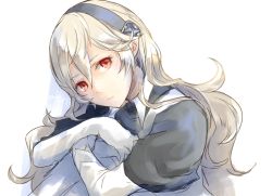 Rule 34 | 1girl, closed mouth, corrin (female) (fire emblem), corrin (fire emblem), elbow gloves, fire emblem, fire emblem fates, gloves, grey hairband, hair between eyes, hairband, hugging own legs, long hair, looking at viewer, nintendo, pointy ears, red eyes, robaco, short sleeves, silver hair, simple background, solo, upper body, very long hair, white background, white gloves, wing collar