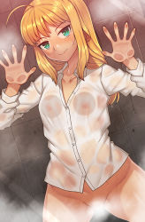 Rule 34 | 1girl, against glass, ahoge, artoria pendragon (all), artoria pendragon (fate), blonde hair, blush, bottomless, breast press, breasts, breasts on glass, closed mouth, collarbone, collared shirt, covered erect nipples, dress shirt, fate/stay night, fate (series), green eyes, long hair, long sleeves, looking at viewer, nt00, saber (fate), shirt, sidelocks, small breasts, smile, solo, wet, wet clothes, wet shirt, white shirt