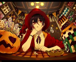 Rule 34 | 1girl, arizuka (catacombe), brown hair, candy, eating, fisheye, food, halloween, hat, highres, jack-o&#039;-lantern, original, pumpkin, red eyes, red hat, room, short hair, witch