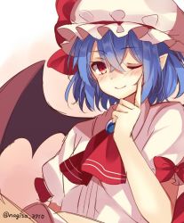 Rule 34 | 1girl, ;), ascot, bad id, bad twitter id, bat wings, blue hair, hat, index finger raised, looking at viewer, mob cap, one eye closed, pointy ears, red eyes, remilia scarlet, shiromikan, short hair, sketch, smile, solo, touhou, wings