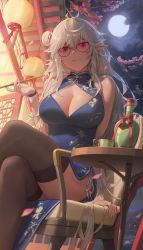 Rule 34 | 1girl, absurdres, bare shoulders, black thighhighs, blue dress, blush, breasts, chair, cleavage, cleavage cutout, closed mouth, clothing cutout, crossed legs, cup, dress, floral print, free style (yohan1754), full moon, hair between eyes, hair bun, highres, holding, holding smoking pipe, large breasts, long hair, looking at viewer, moon, original, pointy ears, red eyes, sitting, smile, smoking pipe, thighhighs, thighs, very long hair, white hair