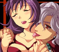 Rule 34 | 1boy, 1girl, belial (wild arms), black hair, blush, breasts, collarbone, dress, earrings, enoo, closed eyes, face, fang, holding hands, hetero, jaggy lines, jewelry, long hair, lowres, oekaki, open mouth, purple hair, red eyes, ring, tongue, tongue out, wild arms, wild arms 4, wild arms xf