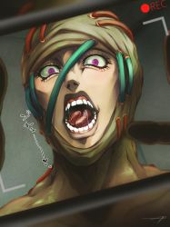 Rule 34 | 1boy, bodysuit, drooling, highres, jojo no kimyou na bouken, male focus, open mouth, purple eyes, recording, sano (hospital 0434), secco, solo, teeth, tongue, tongue out, vento aureo, viewfinder, wide-eyed