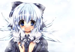 Rule 34 | 1girl, bad id, bad pixiv id, blue eyes, blue hair, blush, bow, cirno, female focus, hair bow, ice, matching hair/eyes, open mouth, ribbon, satou kuroon, short hair, snowing, solo, touhou, white background, wings