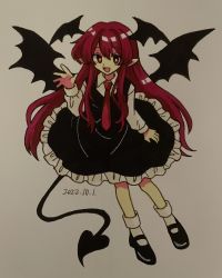 Rule 34 | 1girl, bat wings, black dress, black footwear, collared shirt, commentary, demon tail, dress, frilled dress, frills, full body, furiba 794, hand up, head wings, highres, koakuma, long hair, long sleeves, marker (medium), mary janes, necktie, open mouth, photoshop (medium), pointy ears, red eyes, red hair, red necktie, shirt, shoes, smile, socks, solo, tail, touhou, traditional media, white shirt, white socks, wings
