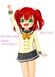 Rule 34 | 1girl, absurdres, aqua eyes, artist name, artist request, bare legs, blush, bow, bowtie, breasts, clenched hand, collarbone, female focus, fist pump, green eyes, grey skirt, hair between eyes, hair ribbon, hand up, highres, kurosawa ruby, long sleeves, looking at viewer, love live!, love live! sunshine!!, miniskirt, orange bow, parted lips, plaid, plaid skirt, pleated, pleated skirt, red hair, ribbon, sailor collar, school uniform, shirt, short hair, skirt, small breasts, smile, solo, two side up, uranohoshi school uniform, white background, white shirt, yellow ribbon