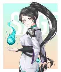 Rule 34 | 1girl, animification, black hair, breasts, brown eyes, character name, chinese clothes, earrings, from side, gun, hair behind ear, handgun, highres, holding, holding gun, holding weapon, jewelry, long hair, looking at viewer, medium breasts, obi, open hand, open mouth, orb, pistol, ponytail, roro rosset, sage (valorant), sash, solo, valorant, very long hair, weapon