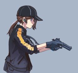 Rule 34 | 1girl, baseball cap, black gloves, black hat, black jacket, blue eyes, brown hair, closed mouth, commentary request, earplugs, from side, genso, gloves, grey background, gun, handgun, hat, holding, holding gun, holding weapon, jacket, medium hair, original, pistol, ponytail, profile, simple background, sleeves pushed up, solo, trigger discipline, two-handed, upper body, weapon