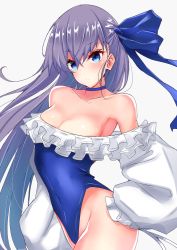 Rule 34 | 1girl, bare shoulders, blue eyes, blue one-piece swimsuit, blue ribbon, breasts, choker, cleavage, closed mouth, collarbone, covered navel, fate/grand order, fate (series), frills, hair between eyes, hair ribbon, highleg, highleg swimsuit, highres, long hair, long sleeves, looking at viewer, meltryllis, meltryllis (fate), meltryllis (swimsuit lancer) (fate), one-piece swimsuit, puffy sleeves, purple hair, ribbon, sankakusui, simple background, sleeves past fingers, sleeves past wrists, small breasts, solo, swimsuit, very long hair, white background