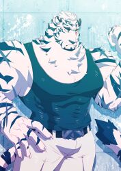 Rule 34 | 1boy, animal ears, arknights, bara, black tank top, blue eyes, facial hair, frown, furry, furry male, goatee, highres, large hands, large pectorals, looking ahead, male focus, mountain (arknights), muscular, muscular male, pants, pectoral cleavage, pectorals, scar, scar across eye, scar on arm, short hair, solo, tail, tank top, thick eyebrows, tiger boy, tiger ears, tiger tail, toji kun, white hair, white pants