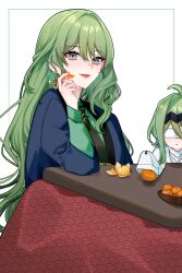 2girls ahoge black_necktie blue_jacket commentary_request earrings eyepatch food fruit green_hair green_shirt highres honkai_(series) honkai_impact_3rd jacket jewelry klein_(honkai_impact) kotatsu long_hair medical_eyepatch mobius_(honkai_impact) multiple_girls necktie orange_(fruit) orange_peel parted_lips shirt slit_pupils sugar_jo3 table very_long_hair white_background