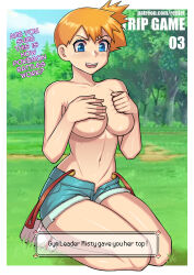 Rule 34 | 1girl, asymmetrical hair, bare shoulders, blue eyes, blush, border, breasts, cleavage, cowboy shot, creatures (company), day, denim, denim shorts, english text, game freak, gen 1 pokemon, gym leader, hair tie, hand on chest, hand on own chest, large breasts, legs, looking at viewer, misty (pokemon), navel, nintendo, open clothes, open shorts, orange hair, outdoors, poke ball, pokemon, pokemon (anime), pokemon (classic anime), ponytail, redjet, short hair, shorts, side ponytail, sitting, smile, solo, suspenders, thighs, tree, white border