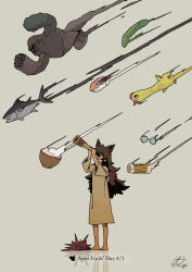 Rule 34 | 1girl, animal ears, ape, april fools, barefoot, bird, bizarre rain, black hair, bowl, cat ears, cat girl, cucumber, dated, dress, english text, fish, food, glasses, grey background, grey dress, hands up, highres, holding, itinogi, long hair, long sleeves, motion lines, open mouth, original, reflective floor, rice bowl, rubber chicken, shooting star, signature, simple background, solo, standing, stargazing, sushi, telescope