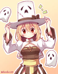 Rule 34 | 1girl, arch bishop (ragnarok online), arrow cross, blonde hair, blush, bow, breasts, brown background, brown bow, cleavage cutout, closed mouth, clothing cutout, commentary request, cowboy shot, cross, doridori, dress, ghost, gradient background, hair between eyes, hands on headwear, hat, hat bow, juliet sleeves, long bangs, long sleeves, looking at viewer, medium breasts, medium hair, notice lines, pelvic curtain, puffy sleeves, ragnarok online, red eyes, sash, smile, twitter username, two-tone dress, whisper (ragnarok online), white dress, white headwear, yellow sash