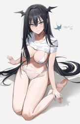 Rule 34 | 1girl, absurdres, aqua eyes, bare arms, bare legs, barefoot, bikini, black hair, breasts, cleavage, closed mouth, collarbone, crop top, dated, feet, freng, gradient background, groin, hair intakes, head wings, highleg, highleg bikini, highres, large breasts, long hair, looking at viewer, multi-strapped bikini, navel, original, shadow, shirt, short sleeves, sitting, solo, stomach, swimsuit, thighs, very long hair, wariza, white background, white bikini, white shirt, wings