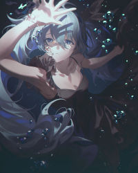 Rule 34 | 1girl, air bubble, black dress, blue eyes, blue hair, breasts, bubble, character request, collarbone, copyright request, dress, fajyobore, hair between eyes, hand over face, hatsune miku, highres, long hair, open mouth, small breasts, solo, underwater, very long hair