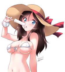 Rule 34 | 1girl, bikini, black hair, blue eyes, bow, breasts, brown hat, cleavage, commentary, dated, dripping, food, food on body, food on breasts, front-tie bikini top, front-tie top, girls und panzer, hat, hat bow, highres, holding, holding food, kuzuryuu kennosuke, long hair, looking at viewer, medium breasts, megumi (girls und panzer), navel, one-hour drawing challenge, open mouth, popsicle, red bow, scrunchie, skindentation, solo, standing, string bikini, sun hat, swept bangs, swimsuit, tongue, tongue out, twitter username, white bikini, white scrunchie, wrist scrunchie