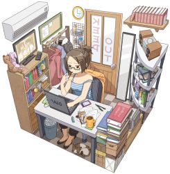 Rule 34 | 1girl, air conditioner, bag, basket, book, bookshelf, bottle, brown eyes, brown hair, cat, chair, clock, clothes hanger, computer, controller, cup, door, english text, food, glasses, green-framed eyewear, hair ornament, hairclip, indoors, itou (mogura), jacket, laptop, mirror, mouse (computer), mousepad, mousepad (object), mug, original, pocky, ponytail, poster (object), printer, remote control, room, shelf, simple background, sitting, solo, strap slip, stuffed animal, stuffed toy, table, tablet, teddy bear, television, trash can, vaio, white background