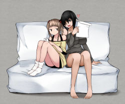 Rule 34 | 2girls, age difference, aoshima, bare legs, bare shoulders, barefoot, black eyes, black hair, breasts, brown eyes, brown hair, cellphone, couch, feet, hair bobbles, hair ornament, hair over one eye, heart, highres, large breasts, multiple girls, no shoes, open mouth, original, paper, phone, shorts, sitting, smile, socks, twintails, white upholstery