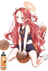 Rule 34 | 1girl, ball, bare arms, bare shoulders, basketball, basketball (object), basketball jersey, black shirt, black shorts, blue archive, blue eyes, blush, bottle, bow, braid, breasts, closed mouth, commentary request, duplicate, groin, hair bow, halo, highres, long hair, looking at viewer, one side up, parted bangs, pixel-perfect duplicate, red hair, ryoma (rym 369), shirt, shoes, short shorts, shorts, simple background, sleeveless, sleeveless shirt, small breasts, socks, solo, sweat, very long hair, water bottle, white background, white bow, white footwear, yuzu (blue archive)