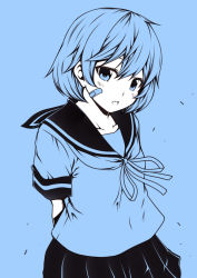 Rule 34 | 10s, 1girl, arms behind back, bandaid, bandaid on face, blue background, blue theme, blush, fang, kantai collection, kouji (campus life), looking at viewer, monochrome, oboro (kancolle), open mouth, pleated skirt, revision, school uniform, serafuku, short hair, short sleeves, simple background, sketch, skirt, solo
