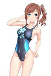 Rule 34 | 1girl, absurdres, black one-piece swimsuit, blue eyes, breasts, brown hair, competition swimsuit, covered navel, floral print, hair ornament, hair scrunchie, high school fleet, highleg, highleg swimsuit, highres, ise sakura, long hair, looking at viewer, medium breasts, multicolored clothes, multicolored swimsuit, one-piece swimsuit, scrunchie, side ponytail, simple background, solo, standing, swimsuit, takafumi, variant set, white background