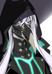 Rule 34 | 1boy, asclepius (fate), fate/grand order, fate (series), glasses, green eyes, hair between eyes, highres, hood, long hair, male focus, mask, miwa shirow, neon trace, neon trim, plague doctor mask, portrait, solo, white hair