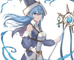 Rule 34 | 1girl, blue eyes, blue hair, braid, breast strap, breasts, detached sleeves, dress, duel monster, hat, holding, holding staff, large breasts, long hair, long sleeves, looking at viewer, nb, pointy ears, pointy hat, single braid, solo, staff, water enchantress of the temple, wizard hat, yu-gi-oh!