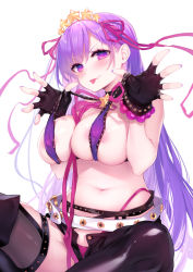 Rule 34 | 1girl, areola slip, bb (fate), bb (fate) (all), bb (swimsuit mooncancer) (fate), bb (swimsuit mooncancer) (second ascension) (fate), bikini, black gloves, black shorts, black thighhighs, breast lift, breasts, closed mouth, covered erect nipples, fang, fang out, fate (series), fingerless gloves, gloves, hair ribbon, large breasts, lifted by self, long hair, looking at viewer, micro shorts, nail polish, navel, purple bikini, purple eyes, purple hair, purple nails, purple ribbon, ribbon, shorts, simple background, sitting, solo, star (symbol), strap lift, studded garter belt, swimsuit, thighhighs, tongue, tongue out, very long hair, white background, yaguo