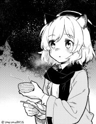 Rule 34 | 1girl, :&lt;, animal ears, arknights, blush, bowl, cat ears, cat girl, greyscale, highres, holding, holding bowl, holding spoon, jacket, layered sleeves, long sleeves, monochrome, mousse (arknights), mousse (campfire cooking smoke) (arknights), night, night sky, official alternate costume, open clothes, open jacket, outdoors, scarf, shirt, short hair, sky, solo, spoon, star (sky), starry sky, steam, twitter username, upper body, yom (ymayma00ss)
