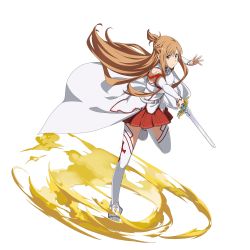 Rule 34 | 1girl, asuna (sao), braid, brown eyes, brown hair, cape, crown braid, detached sleeves, floating hair, full body, highres, holding, holding sword, holding weapon, leg up, long hair, long sleeves, looking at viewer, miniskirt, official art, outstretched arm, pleated skirt, red skirt, skirt, solo, standing, standing on one leg, sword, sword art online, thighhighs, transparent background, very long hair, waist cape, weapon, white cape, white sleeves, white thighhighs