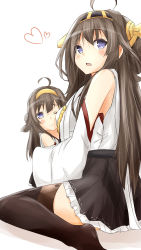 Rule 34 | 10s, 2girls, absurdres, ahoge, bare shoulders, black legwear, blue eyes, brown hair, commentary, hairband, heart, highres, if they mated, kantai collection, kongou (kancolle), long hair, looking at viewer, mother and daughter, multiple girls, nontraditional miko, aged up, one eye closed, personification, saku (kudrove), sitting, skirt, thighhighs, wariza, wink, aged down