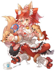 Rule 34 | 1girl, animal ear fluff, animal ears, animal hands, apron, bell, black skirt, bow, breasts, cleavage, collar, collarbone, cup, dress, fang, fate/extra, fate/grand order, fate (series), fox ears, fox girl, fox tail, gloves, hair between eyes, hair bow, hand fan, highres, indian style, jingle bell, large breasts, layered skirt, long hair, looking at viewer, lostroom outfit (fate), marinette, neck bell, open mouth, paw gloves, pink hair, ponytail, puffy short sleeves, puffy sleeves, red bow, red thighhighs, roller skates, short sleeves, sidelocks, sitting, skates, skirt, smile, solo, spoon, striped clothes, striped dress, tail, tamamo (fate), tamamo cat (fate), teacup, thighhighs, visor cap, white apron, yellow eyes