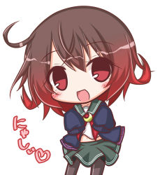 Rule 34 | 1girl, :d, ahoge, black pantyhose, blue jacket, blush, brown hair, collarbone, commentary request, cowboy shot, crescent, crescent pin, gradient hair, green skirt, hair between eyes, head tilt, heart, jacket, kantai collection, komakoma (magicaltale), long sleeves, looking at viewer, midriff, multicolored hair, mutsuki (kancolle), mutsuki kai ni (kancolle), navel, neckerchief, open mouth, pantyhose, pleated skirt, red eyes, red hair, red neckerchief, school uniform, serafuku, shirt, simple background, skirt, sleeves past wrists, smile, solo, translation request, white background, white shirt