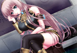 Rule 34 | 1girl, bare shoulders, black thighhighs, blue eyes, blue nails, boots, breasts, cross-laced footwear, crossed legs, dress, dutch angle, headset, lace-up boots, large breasts, long hair, megurine luka, nail polish, nohoho (kakikonchi), pink hair, sitting, soaking feet, solo, thighhighs, very long hair, vocaloid, water, wristband, zettai ryouiki