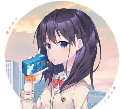 Rule 34 | 10s, 1girl, ai cao, blush, bow, bowtie, brown cardigan, brown hair, building, cardigan, closed mouth, cloud, cloudy sky, collared shirt, commentary request, copyright name, drinking, drinking straw, gridman universe, hair between eyes, holding, juice box, long hair, long sleeves, looking at viewer, purple eyes, red bow, red bowtie, shirt, sky, skyscraper, solo, ssss.gridman, sunset, takarada rikka, upper body, white shirt