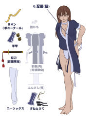 Rule 34 | 1girl, absurdres, bare legs, barefoot, breasts, brown hair, bula, choker, dead or alive, dressing, flat color, fundoshi, hair down, highres, japanese clothes, kasumi (doa), long hair, ninja, no bra, short sleeves, solo, standing, tecmo, thighhighs, translation request, tying
