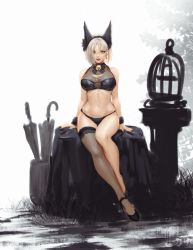 Rule 34 | 1girl, animal ears, bare shoulders, bell, birdcage, black bow, black bowtie, black bra, black footwear, black nails, black panties, bob cut, bow, bowtie, bra, breasts, cage, cat ears, cleavage, earrings, fingernails, full body, grey eyes, grey hair, grey thighhighs, hair between eyes, highres, jewelry, jingle bell, large breasts, looking at viewer, medium hair, nail polish, navel, neck bell, original, panties, parted lips, shoes, single thighhigh, sitting, siun, sketch, smile, solo, thighhighs, umbrella, underwear, unfinished, sketch background, wristband