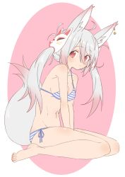 Rule 34 | 1girl, absurdres, animal ears, bikini, blue bikini, blush, breasts, cleavage, closed mouth, copyright request, donguri suzume, earrings, fox ears, fox mask, fox tail, from side, full body, gradient hair, grey hair, highres, jewelry, looking at viewer, looking to the side, mask, mask on head, medium breasts, multicolored hair, pink background, pink hair, red eyes, side-tie bikini bottom, sitting, solo, striped bikini, striped clothes, swimsuit, tail, twintails, wariza