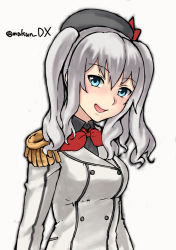 Rule 34 | 1girl, blue eyes, breasts, buttons, epaulettes, jacket, kantai collection, kashima (kancolle), long hair, long sleeves, looking at viewer, maakun (makun dx), medium breasts, military, military jacket, military uniform, neckerchief, one-hour drawing challenge, red neckerchief, sidelocks, silver hair, simple background, solo, twintails, twitter username, uniform, upper body, wavy hair, white background, white jacket